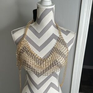 bebe Gold and Rhinestone  Chainmail Necklace Top
